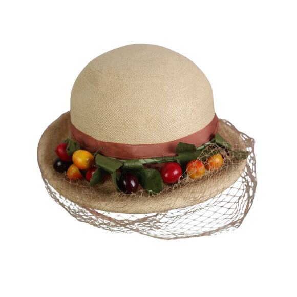 Vintage 50s Eva Mae Genuine Panama Straw Hat Fruit Net Veil main image 10